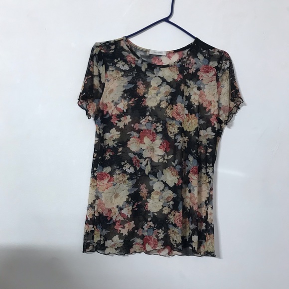 Black floral mesh see through sheer blouse skirt sleeve shirt - Picture 4 of 6